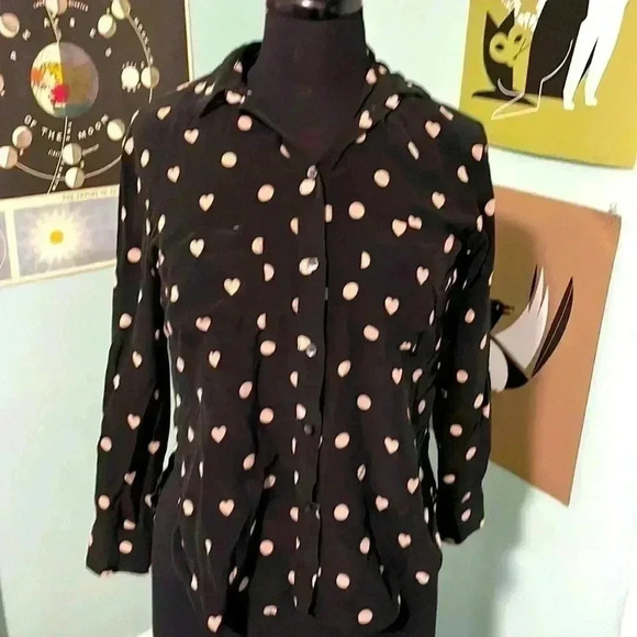 Madewell 100% silk polkadot and HEART button-down long sleeve blouse XXS - Picture 1 of 6